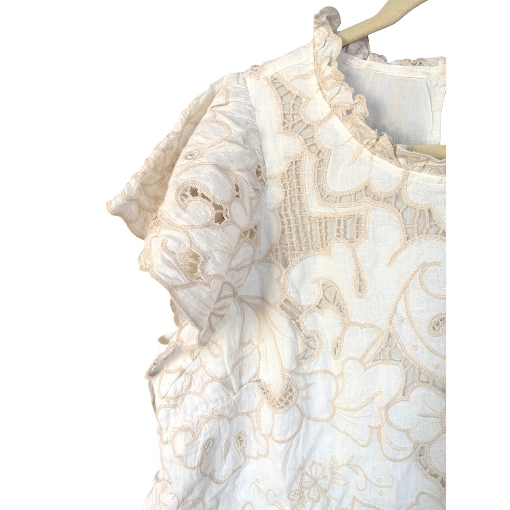 Anthropologie Lainie Blouse White Lace Cutwork Flutter‎ Sleeve Linen Top XL NWT - Picture 12 of 16
